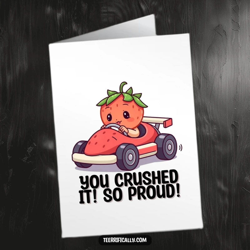 Funny Free Printable Congratulations Card: Strawberry racer triumphantly crossing a finish line, confetti raining down.