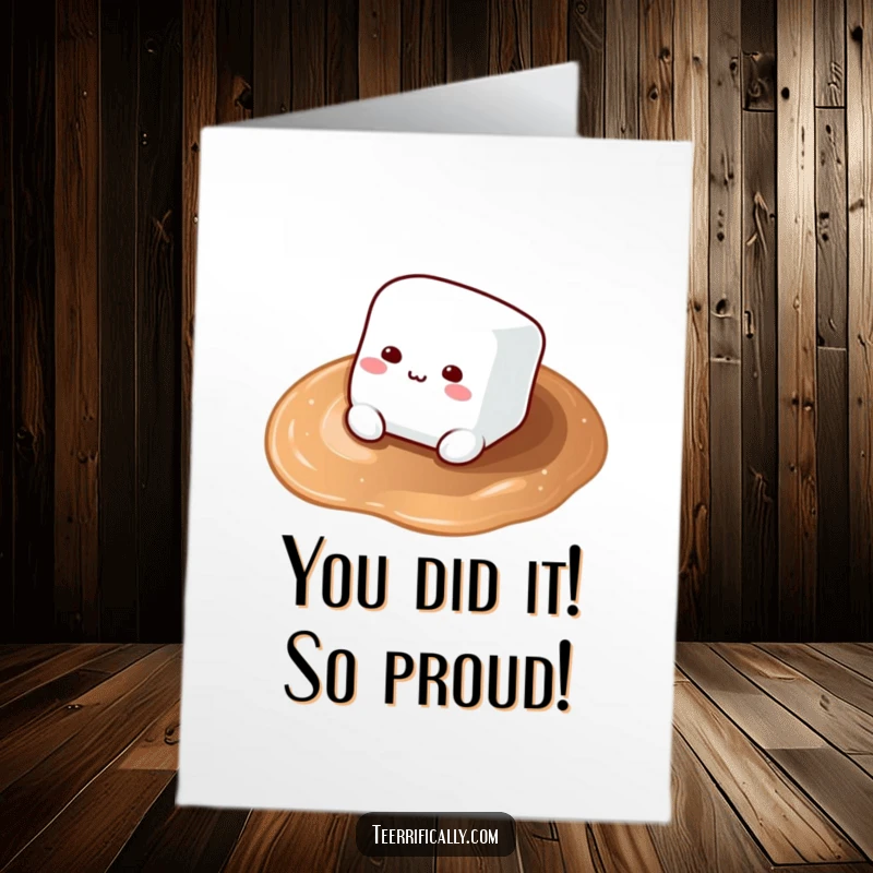 Funny Free Printable Congrats Card with a smiling marshmallow floating in hot cocoa, perfect for celebrating achievements.