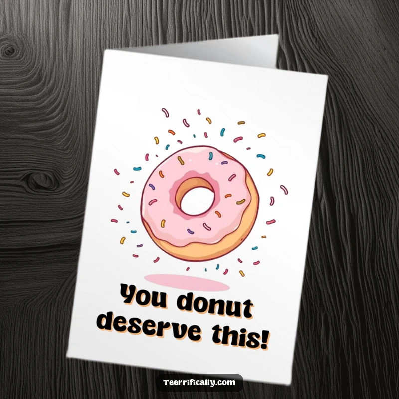 Free printable congratulations card showing a bouncy donut executing a somersault with vibrant sprinkles flying, capturing pure celebratory energy.
