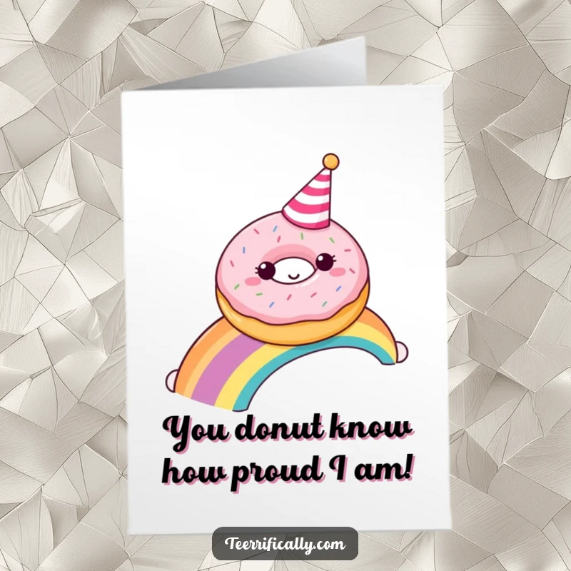 Free printable congratulations card: A plump donut wearing a party hat joyfully sliding down a rainbow.
