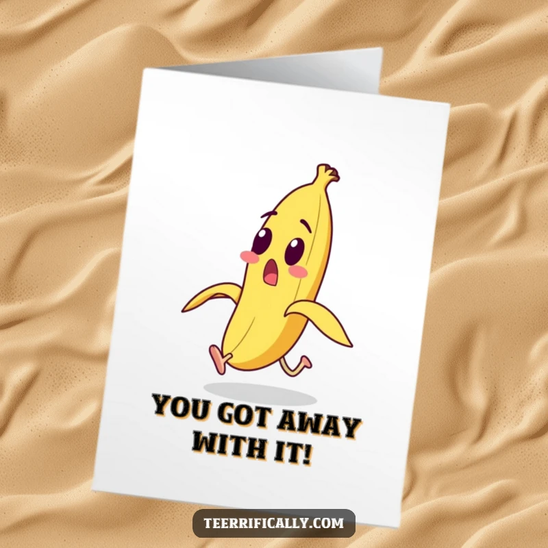 Funny Free Printable Congratulations Card: A shocked banana with legs sprints away from its discarded peel, a comical escape.