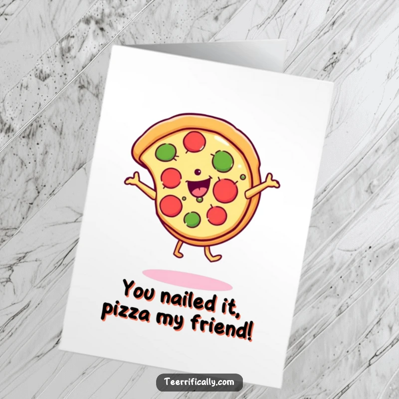 Funny Free Printable Congratulations Card: A cheesy pizza slice performing a joyful cartwheel, celebrating an achievement.