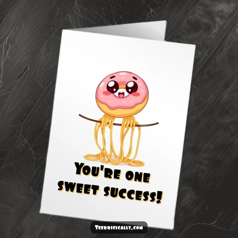 Funny Free Printable Congratulations Card: Jelly donut eyes wide, balancing precariously on spaghetti strand