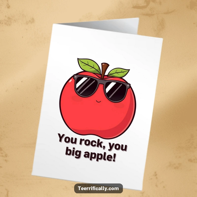 Funny Free Printable Congratulations Card showing a plump red apple in sunglasses giving a sly wink, perfect for celebrating smart wins.