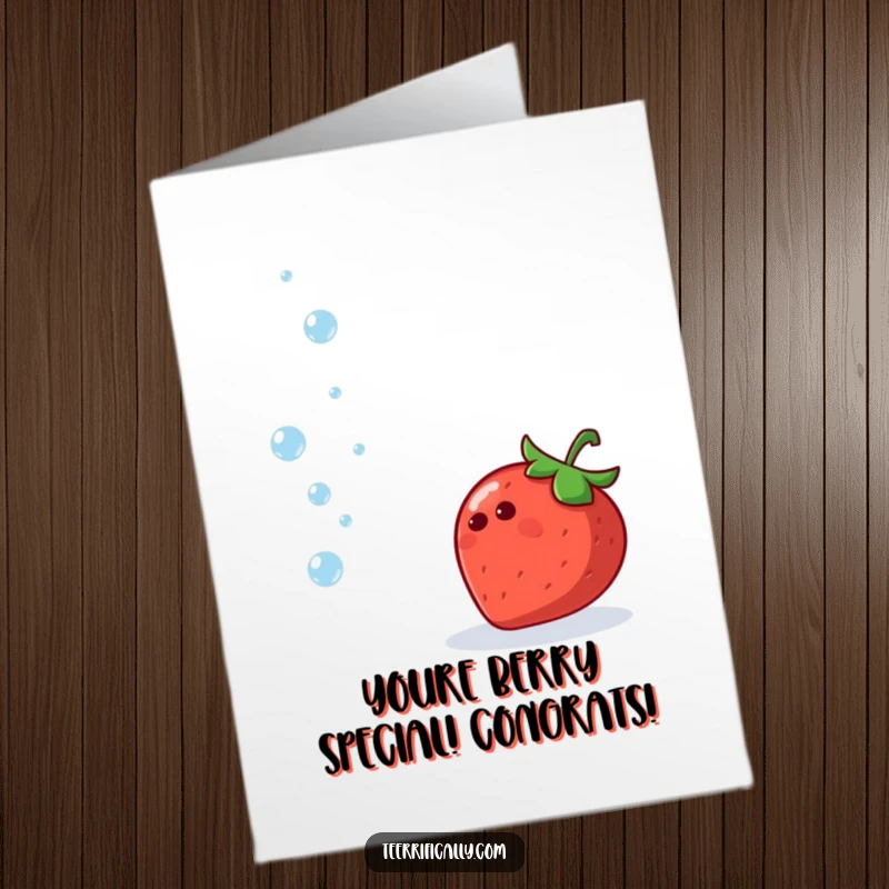 Funny Free Printable Congrats Card: A happy strawberry gleefully juggling small, shimmering water droplets, celebrating a bright moment.