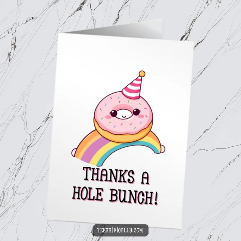 Funny free printable thank you card: A happy donut with a party hat riding a rainbow curve.