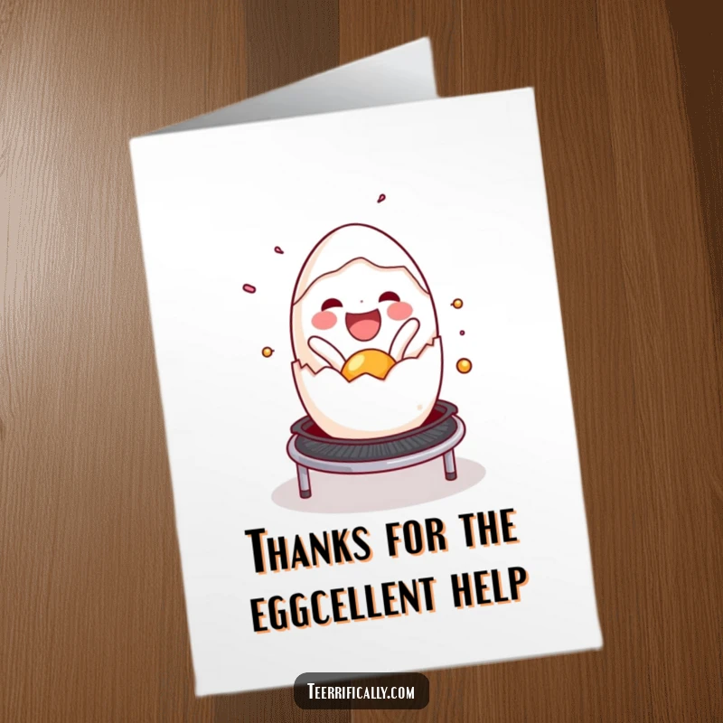 Funny Free Printable Egg Thank You Card: Delighted cracked egg spilling with joy onto a trampoline, expressing immense gratitude.