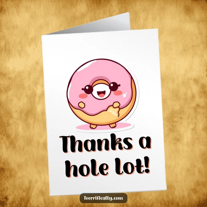 Funny Free Printable Thank You Card: A proud, giggling donut showing thanks with a bite taken out.