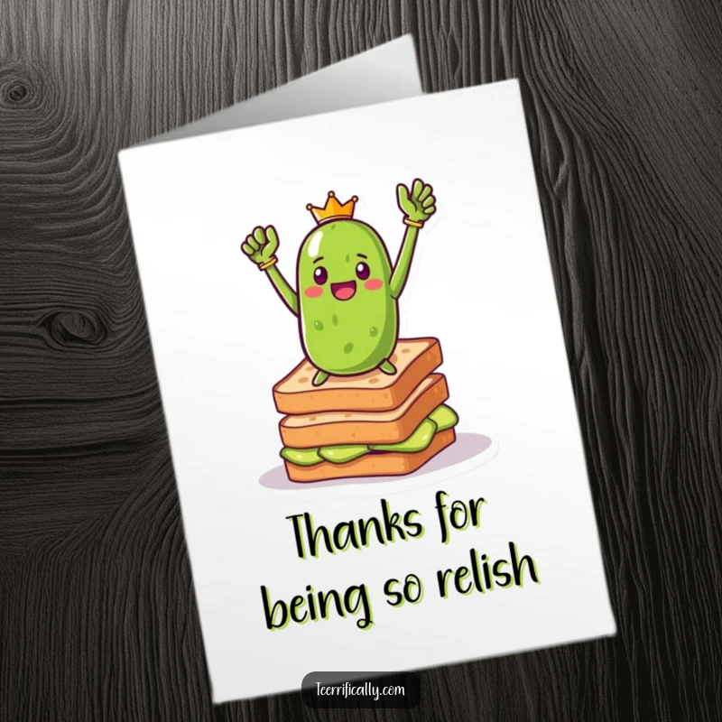 Funny Free Printable Pickle Thank You Card: A heroic pickle posing on toast, conveying sincere thanks.
