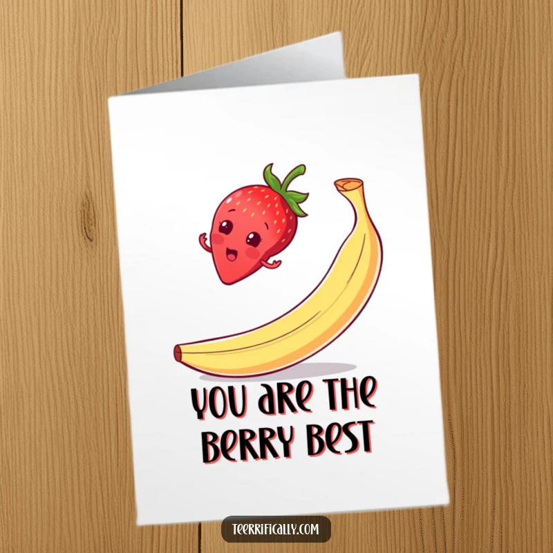 Funny Free Printable Strawberry Thank You Card: A surprised strawberry balances on a banana peel, offering humorous thanks.