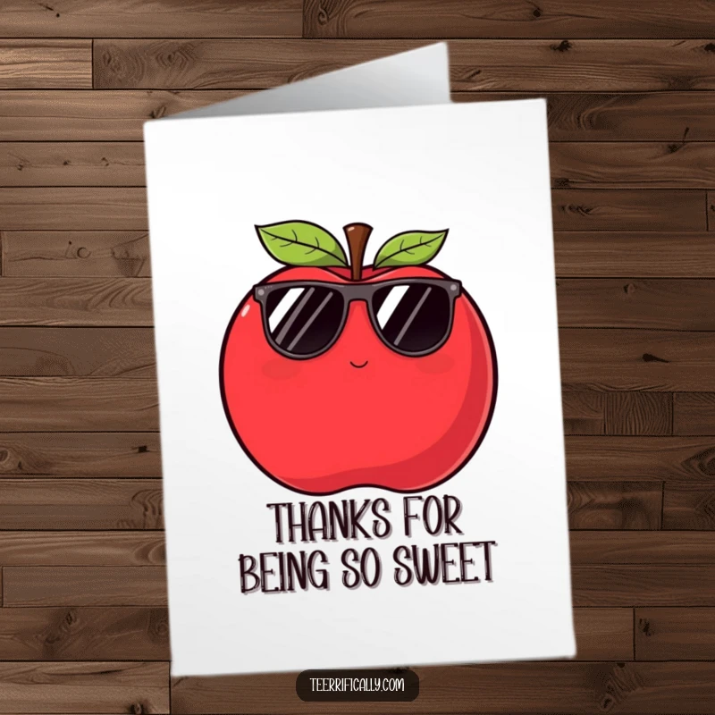 Funny Free Printable Thank You Card featuring a plump red apple wearing sunglasses and winking slyly, conveying cool and stylish thanks.