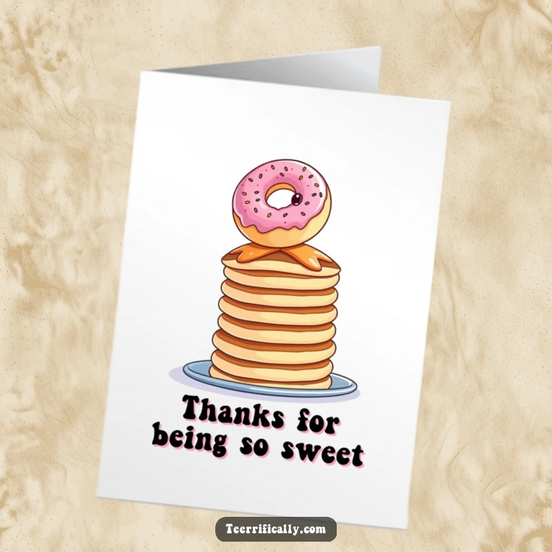 Funny Free Printable Thank You Card: A curious donut balances precariously on a tall stack of pancakes to express thanks.