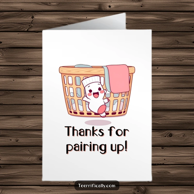Funny Free Printable Thank You Card: A happy sock pair giving a high five, with a small laundry basket in the background.