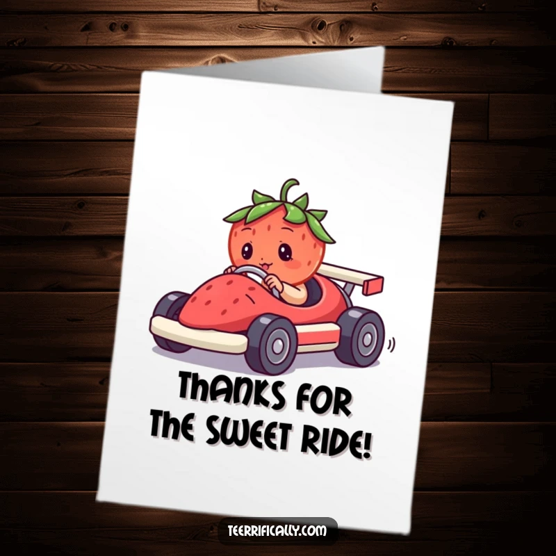 Funny Free Printable Thank You Card: Strawberry racer giving a thumbs up from its berry car, a thank you banner attached.