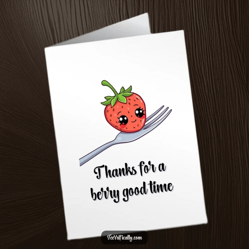 Funny free printable thank you card: A strawberry with silly googly eyes balanced on a giant fork.