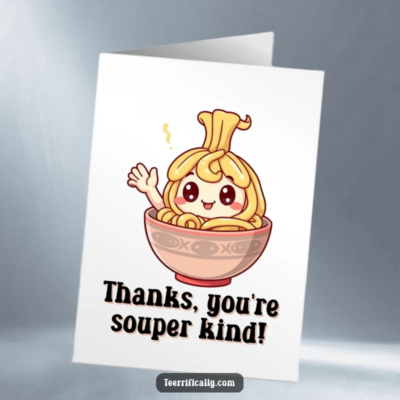 Funny Free Printable Thank You Card: A happy noodle with googly eyes waves from a warm, steaming bowl.
