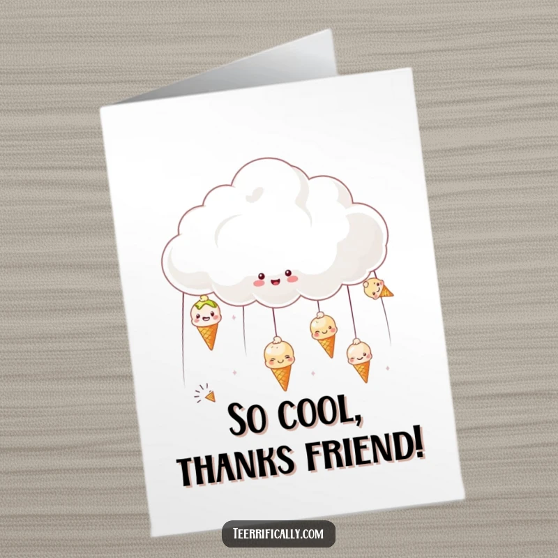 Funny free printable thank you card showing a joyful cloud raining miniature smiling ice creams, a sweet thanks.