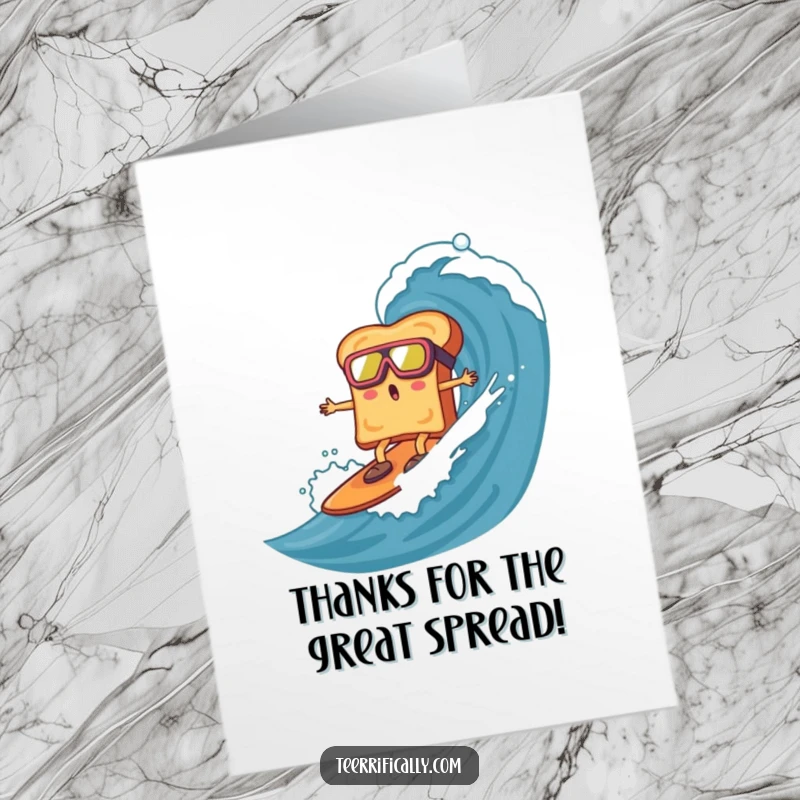 Funny Free Printable Thank You Card: Surprised toast wearing goggles surfing a giant marmalade wave