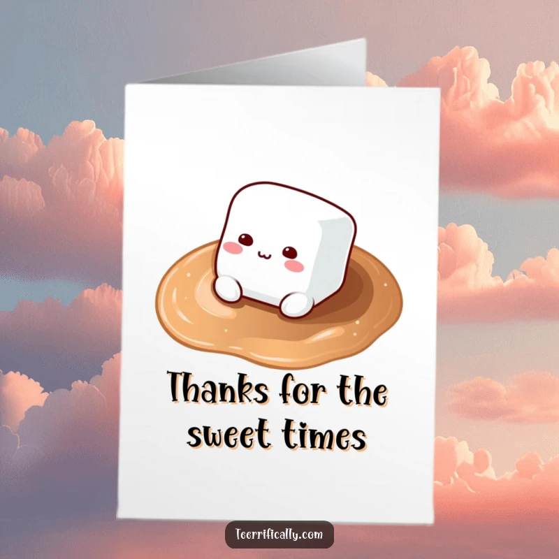 Funny Free Printable Thank You Card depicting a cheerful marshmallow floating in hot cocoa, expressing thanks.