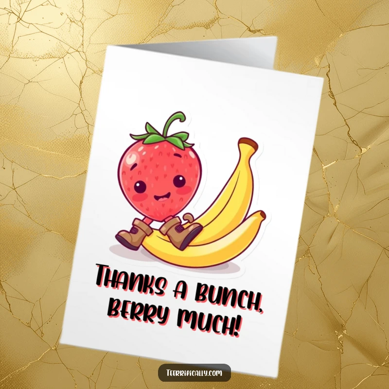 Funny Free Printable Thank You card with a mischievous strawberry in tiny boots comically sliding on a banana peel, offering thanks.
