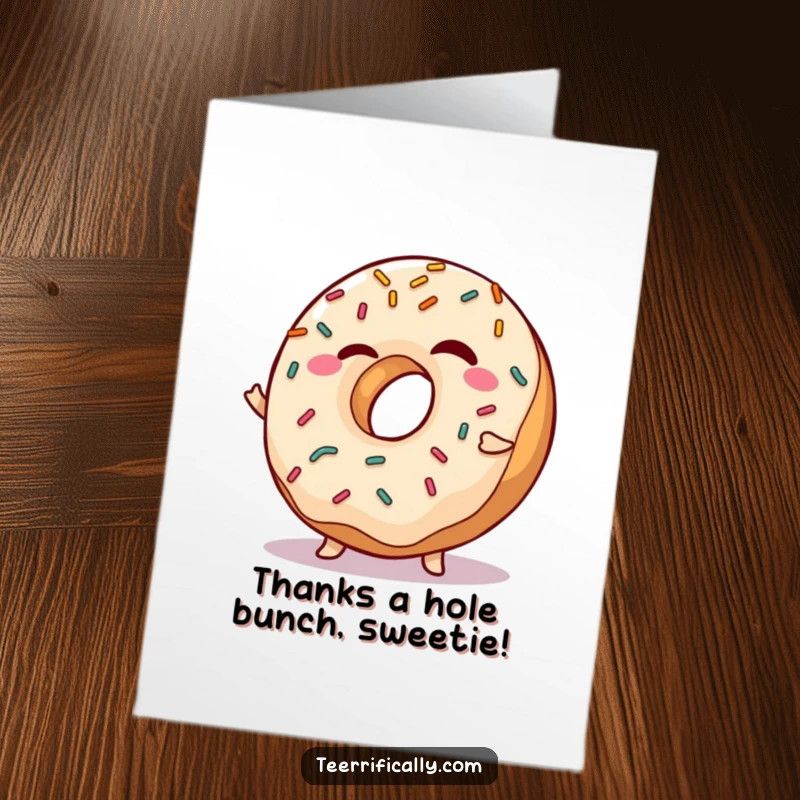 Funny Free Printable Thank You Card: A winking donut with sprinkles shimmying playfully, expressing thanks.