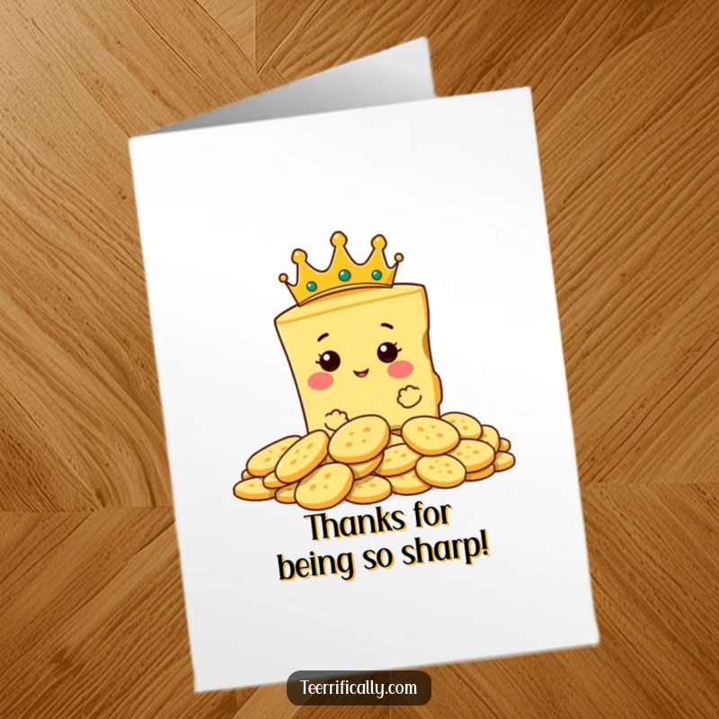 Funny Free Printable Thank You Card: A proud crowned cheese slice surveys crackers, offering a cheesy thank you for their kindness.
