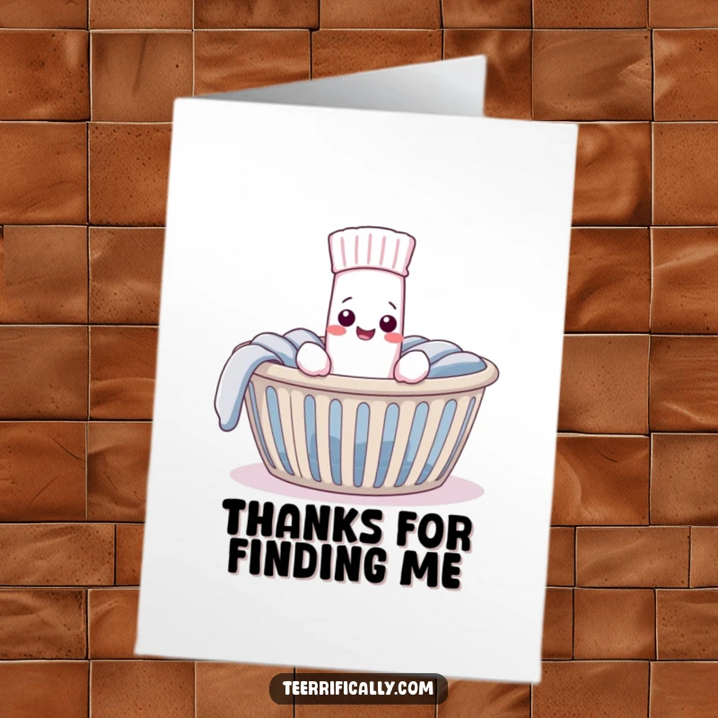 Funny free printable thank you card depicting a pleased sock reuniting with its mate in a laundry basket, a heartwarming moment.