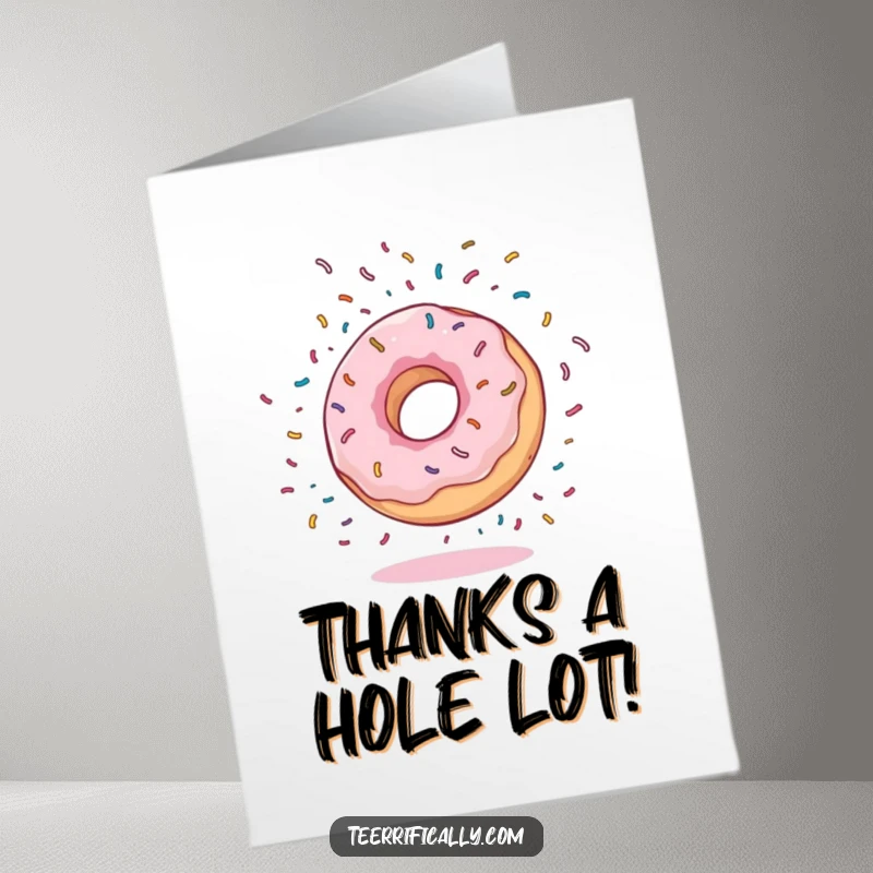 Funny free printable thank you card of a bouncy donut mid-somersault with sprinkles exploding, a joyful expression of thanks.