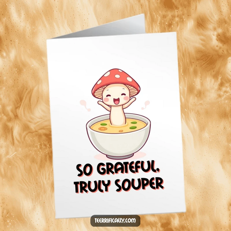Funny Free Printable Mushroom Thank You Card: A mushroom in a hat joyfully jumps into soup, offering a humorous thank you.
