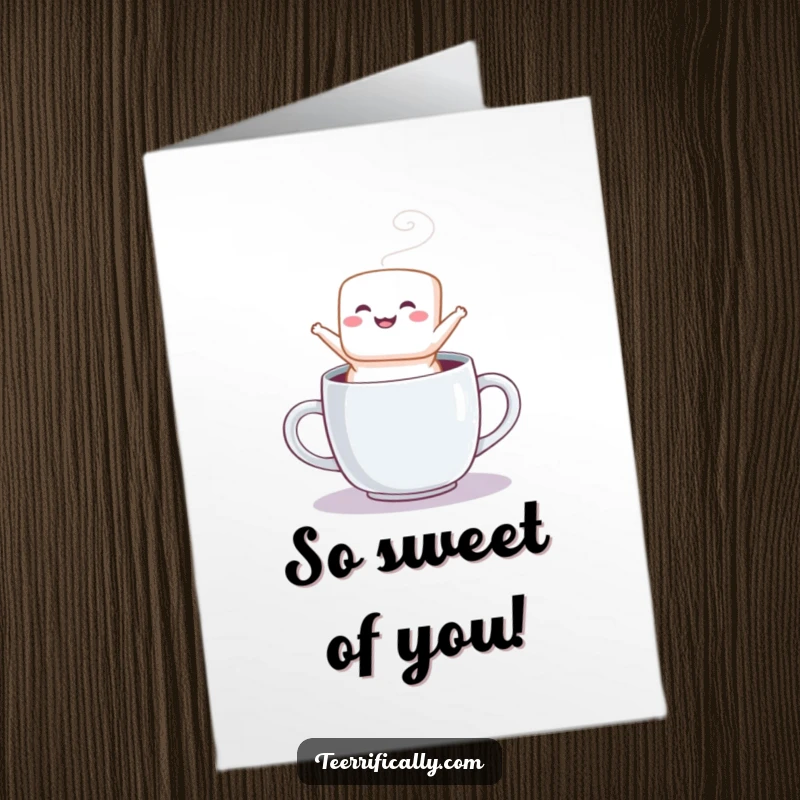 Funny Free Printable Marshmallow Thank You Card: A fluffy marshmallow jumps joyfully from a mug, sending sweet thanks.