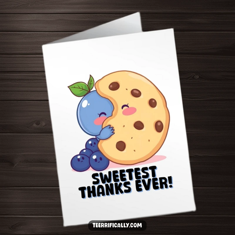Funny Free Printable Blueberry Thank You Card: A shy blueberry blushes behind a giant cookie, offering sweet thanks.
