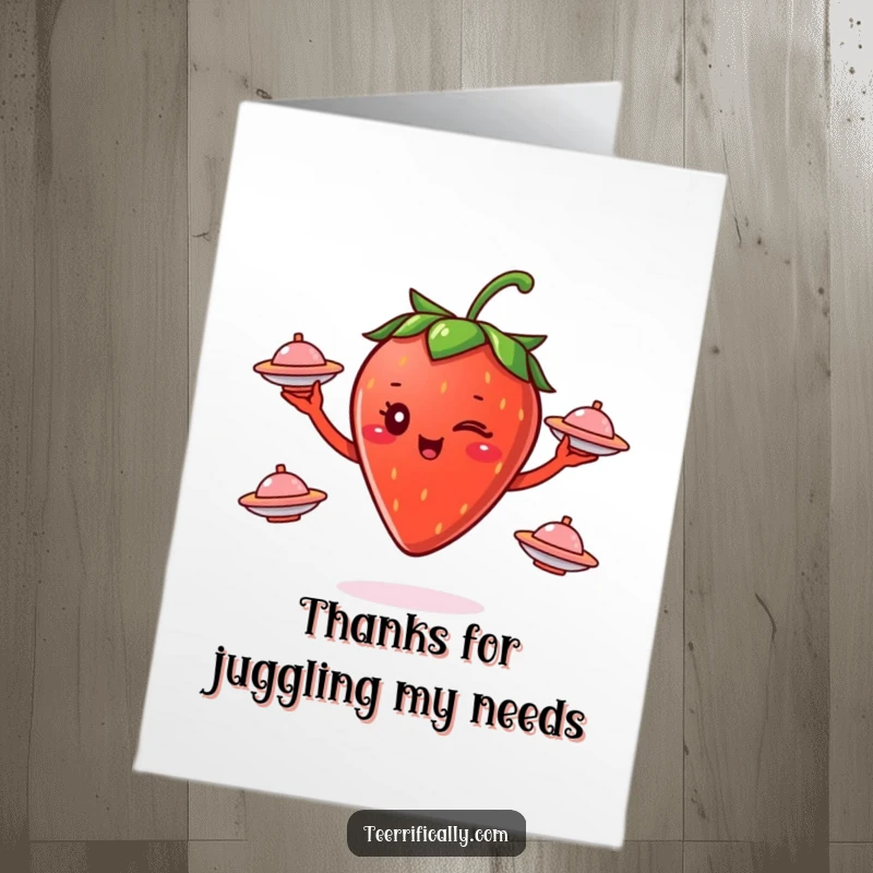 Funny Free Printable Thank You Card: A winking strawberry juggles flying saucers, sending thanks with cosmic style.