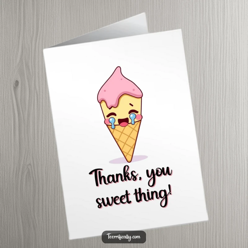 Funny Free Printable Thank You Card: Melting ice cream cone shedding a single, oversized tear of joyous gratitude.