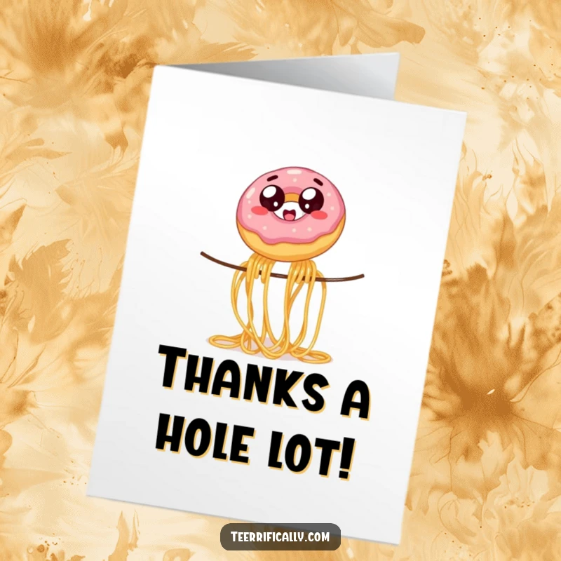 Funny Free Printable Thank You Card: Jelly donut with wide eyes balancing on a single spaghetti strand