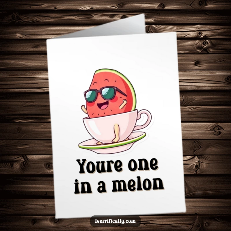 Funny Free Printable Watermelon Thank You Card: Giggling watermelon slice wearing sunglasses, surfing majestically on a giant teacup.
