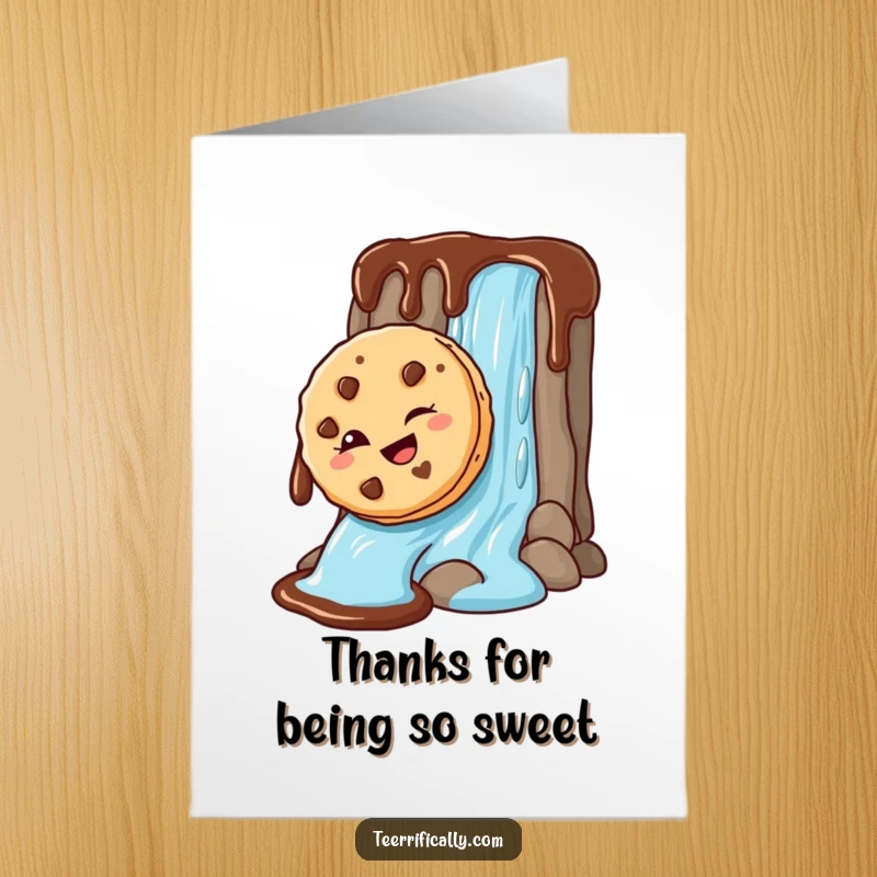 Funny free printable thank you card with a winking cookie sliding down a chocolate sauce waterfall, conveying sweet gratitude with a wink.
