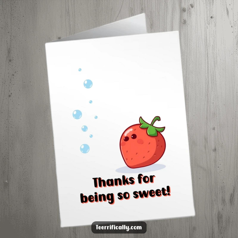 Funny Free Printable Thank You Card: A cheerful strawberry juggling tiny water droplets with immense glee, expressing thanks.