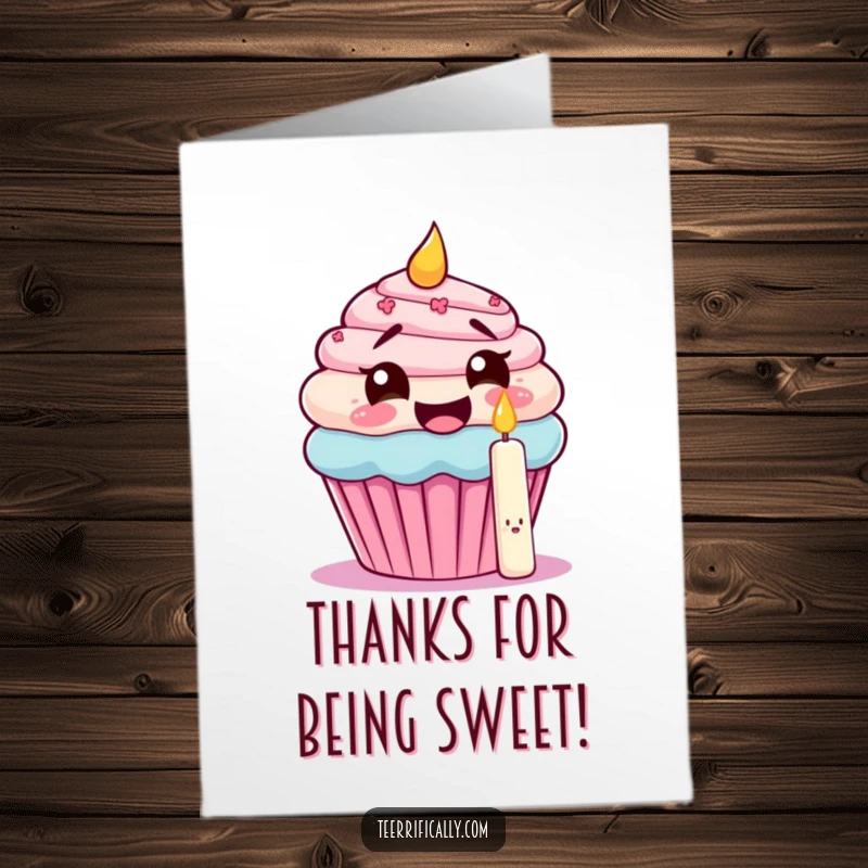 Funny Free Printable Thank You Card: A giggling cupcake with wide eyes attempts to eat its own candle, conveying thanks playfully.