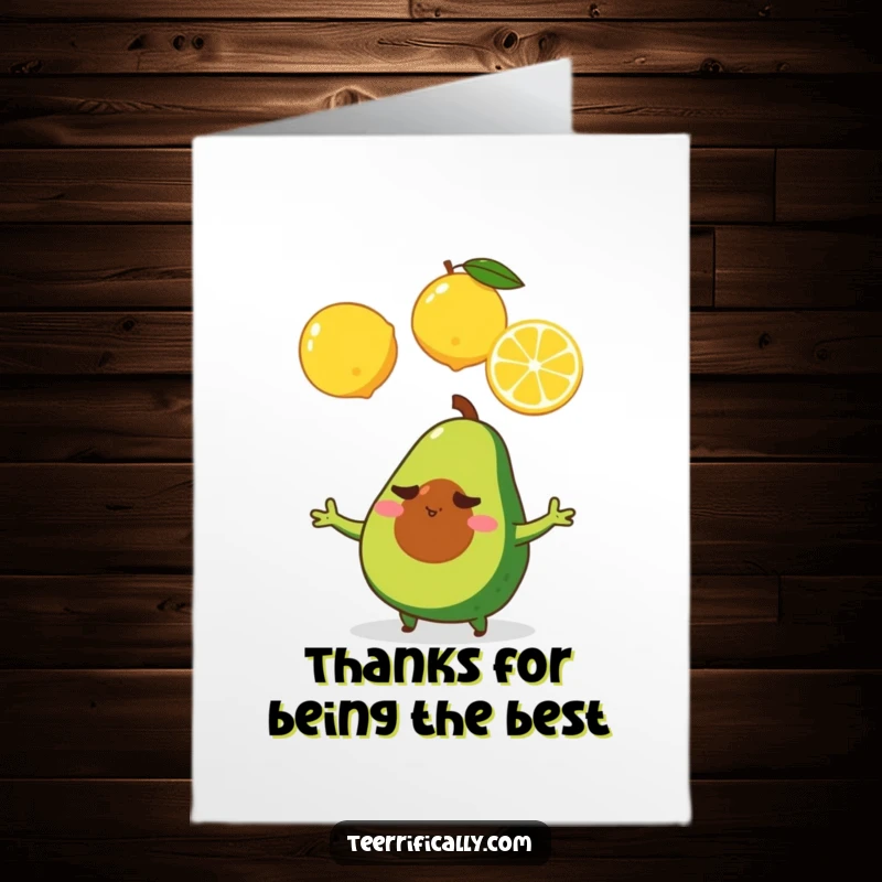 Funny free printable thank you card: A tiny avocado showing determination while juggling three lemons.