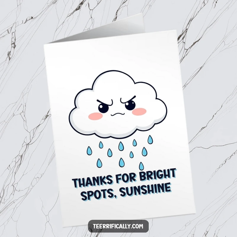 Funny Free Printable Thank You Card: A grumpy cloud unexpectedly rains happy raindrops, offering a humorous token of thanks.