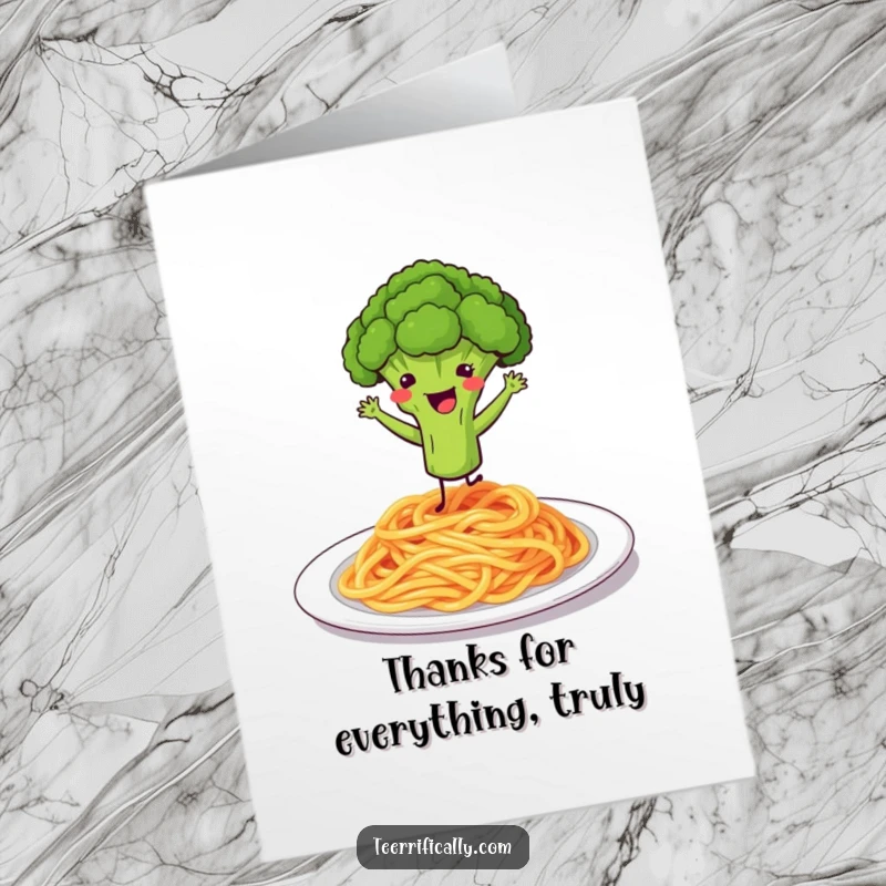 Funny Free Printable Thank You Card: A broccoli floret dances happily on spaghetti, sending thanks with a cheerful wiggle.