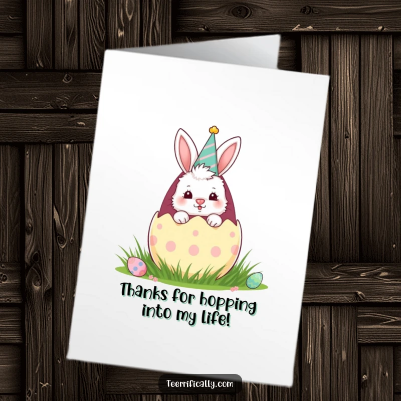 Funny Free Printable Thank You Card: Bunny in a party hat peeks out from a large Easter egg.
