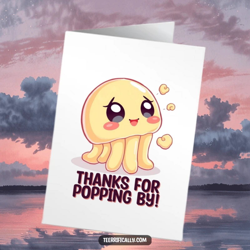 Funny Free Printable Thank You Card: A wobbly jelly with eager eyes focused on catching a flying popcorn kernel, conveying thanks playfully.