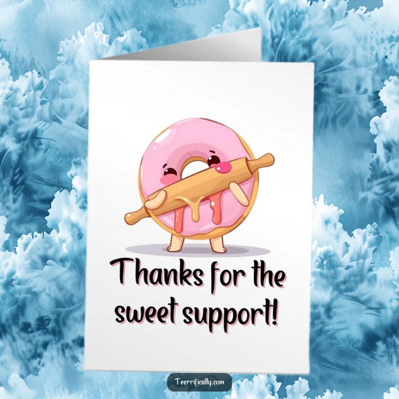 Funny Free Printable Thank You Card: A clumsy donut giving a rolling pin a very sticky hug, expressing heartfelt thanks playfully.