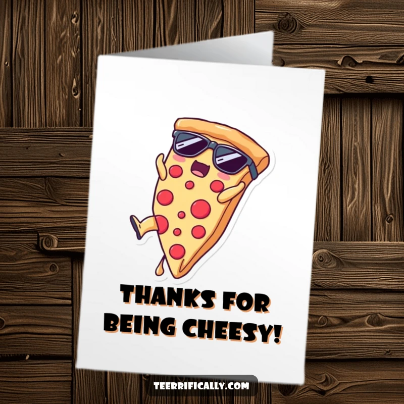Funny Free Printable Thank You Card: A pizza slice wearing sunglasses flips in a somersault, offering a cool and fun way to say thanks.