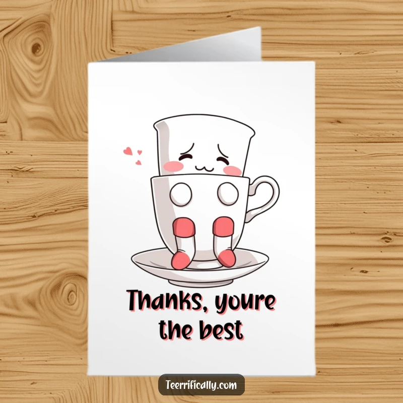 Funny Free Printable Thank You Card: Confused teacup wearing socks, floating strangely, a quirky thank you, a downloadable hello.