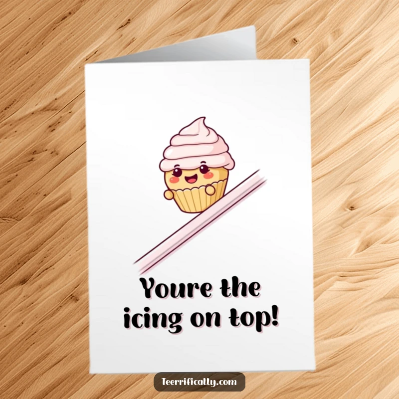 Funny Free Printable Thank You Card: Tiny cupcake with frosting eyebrows slides down a banister to express thanks.