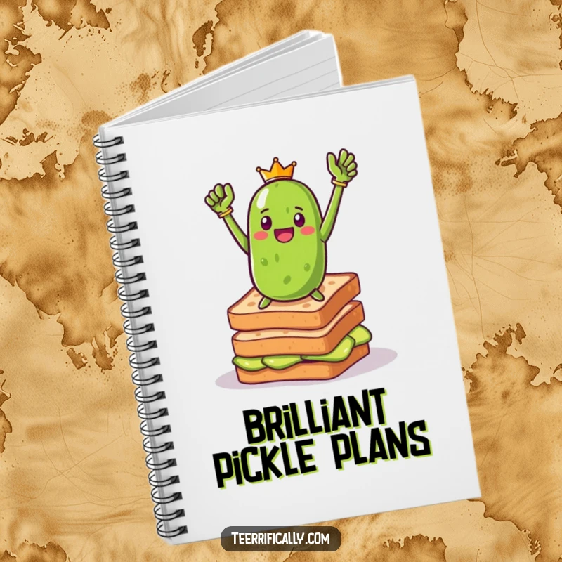 Funny pickle toast hero notebook showing a triumphant pickle heroically posing on toast, perfect for note-taking with a blend of bold humor and breakfast fun.