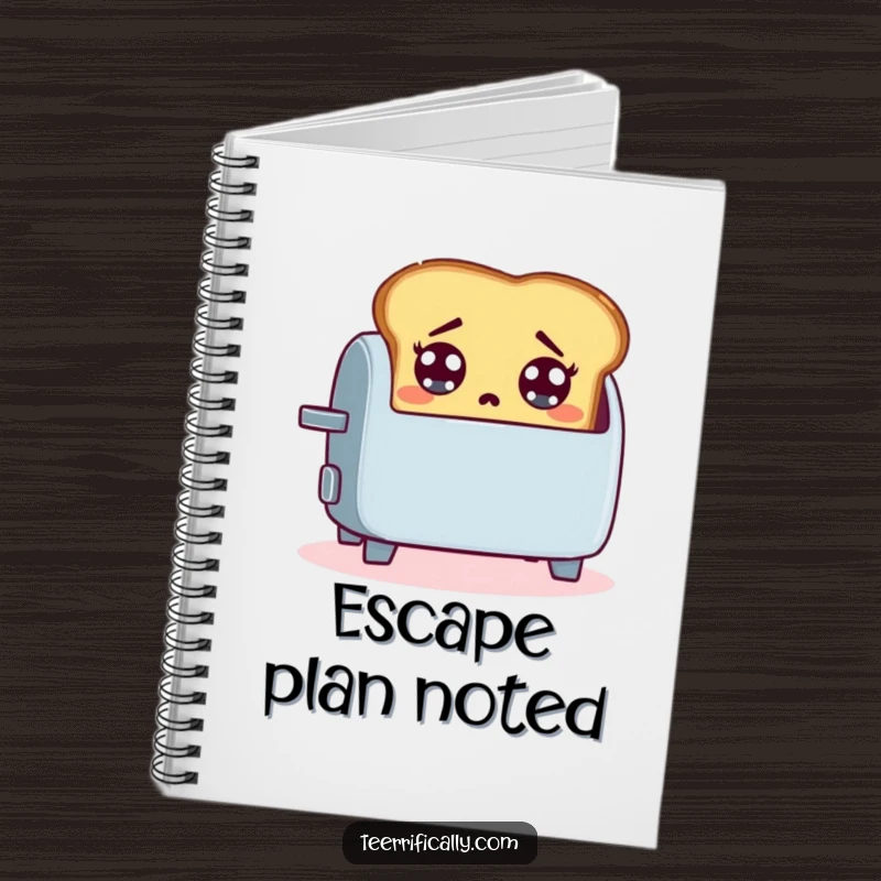 Funny notebook with a startled slice of toast jumping out of a toaster, perfect for capturing breakfast plans and ideas.