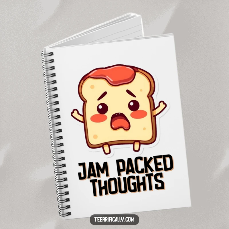 Funny Notebook featuring a bewildered toast character with surprise jam spread, ideal for writing humorous notes.